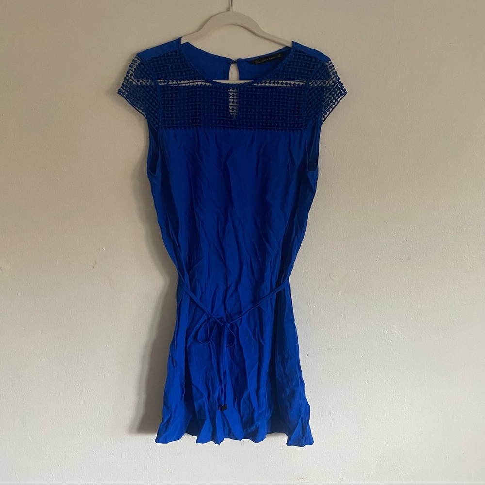 Zara Basic Tie Waist Lace Mesh Blue Dress